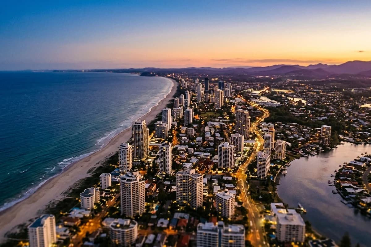 Gold Coast coastline and high-rises viewed from a sky-high deck at twilight