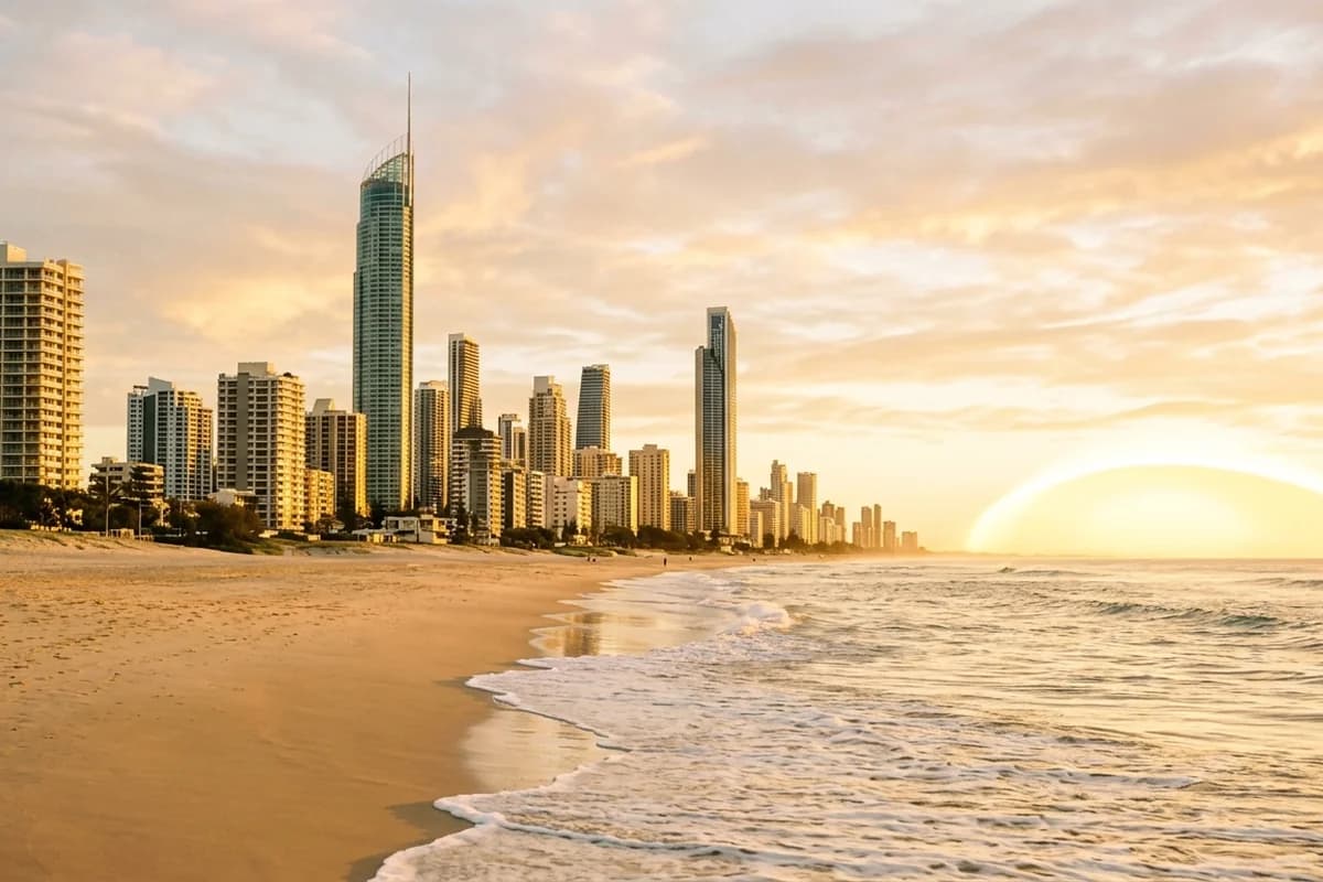 Surfers Paradise skyline behind a wide beach at sunrise